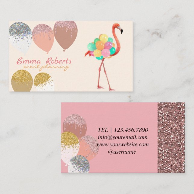Flamingo Balloons Modern Event Planning Business Card (Front/Back)