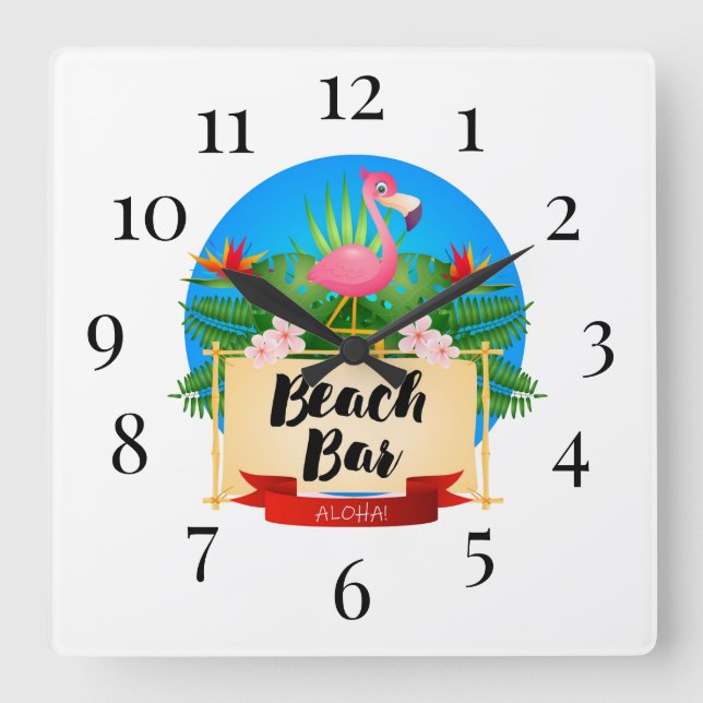 Flamingo Beach Bar Square Wall Clock (Front)