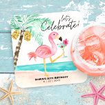 Flamingo Beach Cocktail Palm Tropical Birthday Square Paper Coaster<br><div class="desc">Fun,  festive birthday paper coasters feature a pink flamingo on the beach enjoying a tropical cocktail next to a palm tree with a "let's celebrate" caption in modern,  casual handwriting script. Art by KL Stock</div>