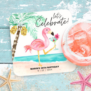Flamingo Beach Cocktail Palm Tropical Birthday Square Paper Coaster