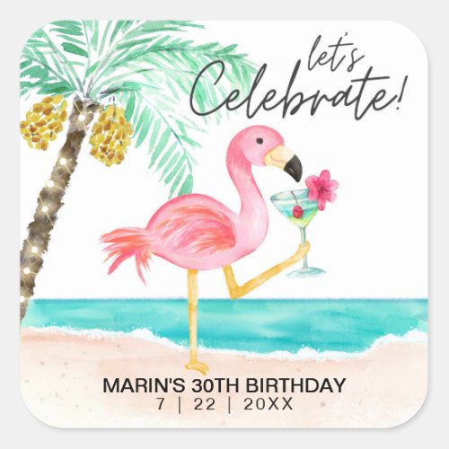 Flamingo Beach Cocktail Palm Tropical Birthday Square Sticker