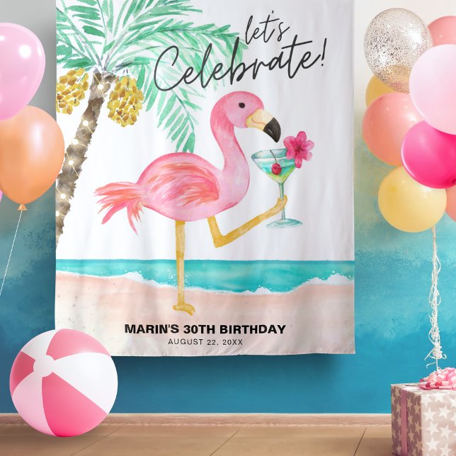 Flamingo Beach Cocktail Tropical Birthday Tapestry (Creator Uploaded)