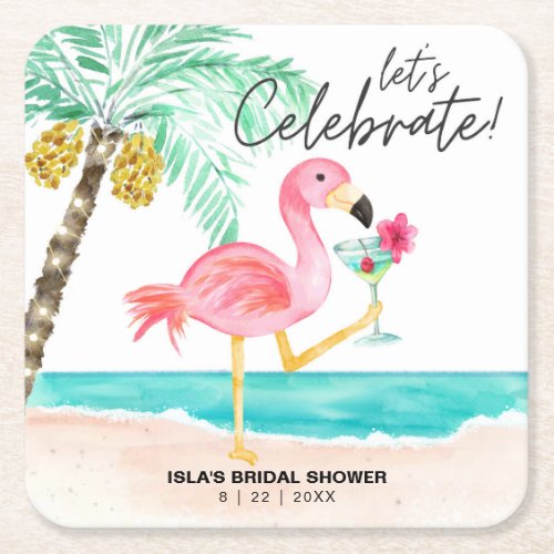 Flamingo Beach Cocktail Tropical Bridal Shower Square Paper Coaster