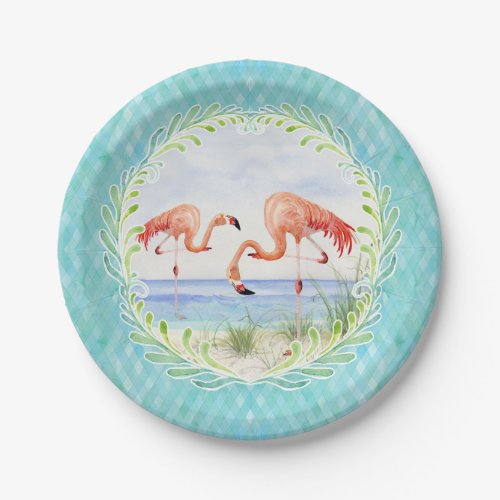 Flamingo Beach Ocean Sandy Shore Picnic Watercolor Paper Plates