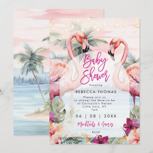 flamingo  beach palms baby shower invitation (Front/Back)