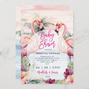 flamingo beach palms baby shower invitation