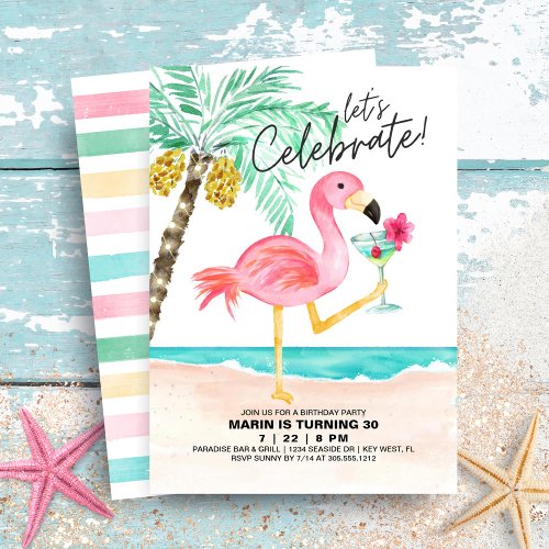 Flamingo Beach Party  Tropical Birthday Invitation