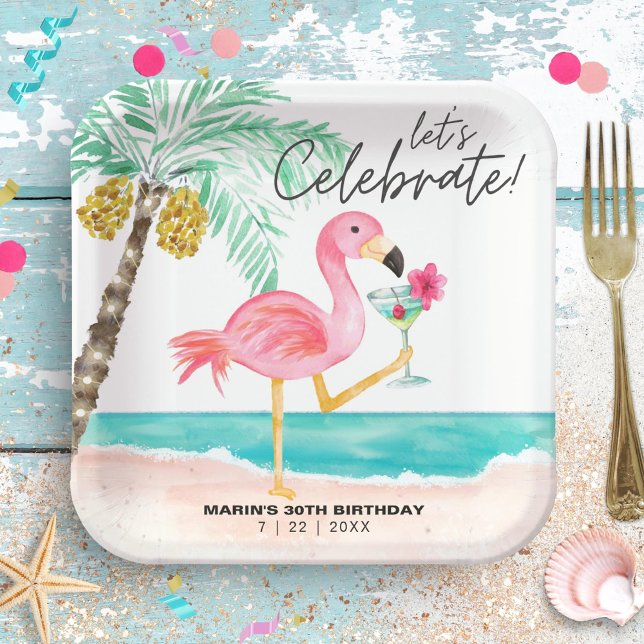 Flamingo Beach Party Tropical Cocktail Birthday Paper Plates (Creator Uploaded)