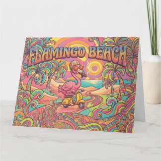 Flamingo Beach Psychedelic Retro Scooter Design Card