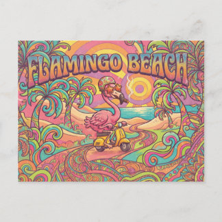 Flamingo Beach Psychedelic Retro Scooter Design Holiday Postcard