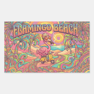 Flamingo Beach Psychedelic Retro Scooter Design Rectangular Sticker