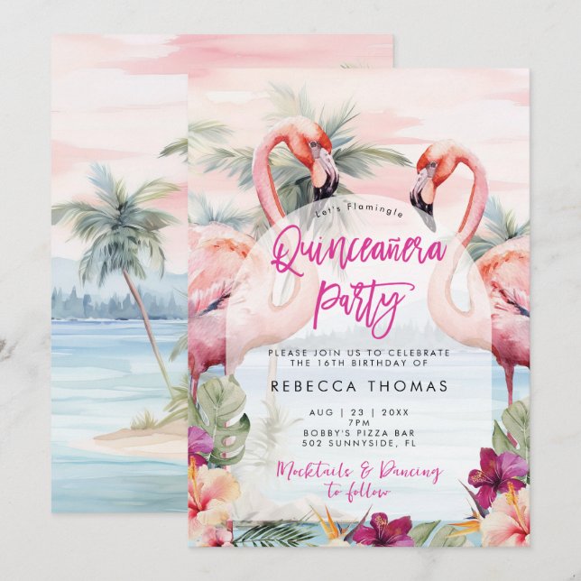 Flamingo beach Quinceanera party invitation (Front/Back)