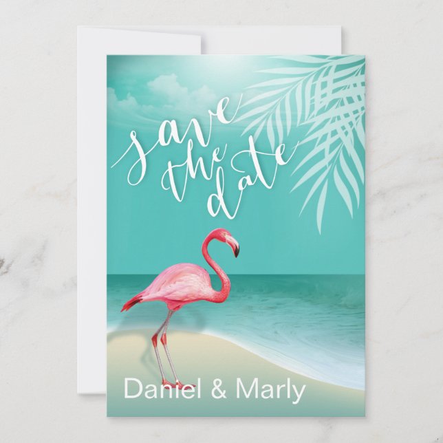 Flamingo Beach Save the Date | aqua Invitation (Front)