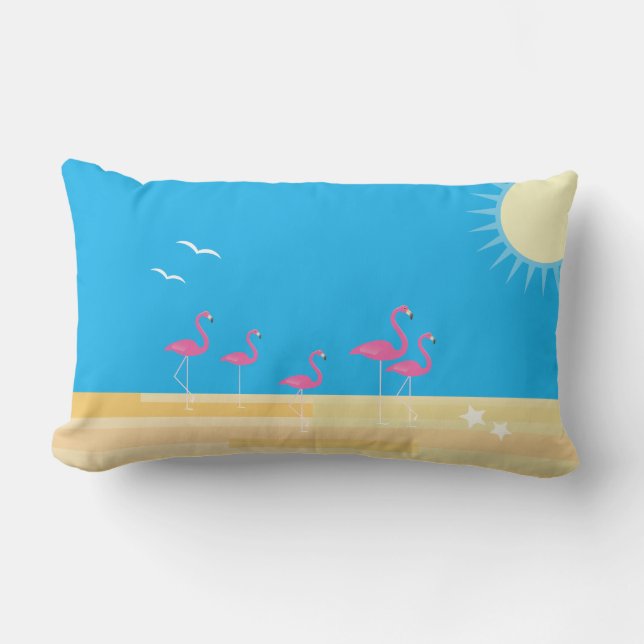 Flamingo Beach Scene - Outdoor Lumbar Pillow (Front)