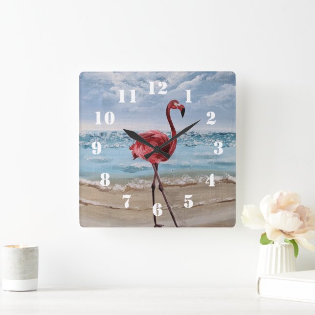 Flamingo Beach Square Wall Clock (Home)