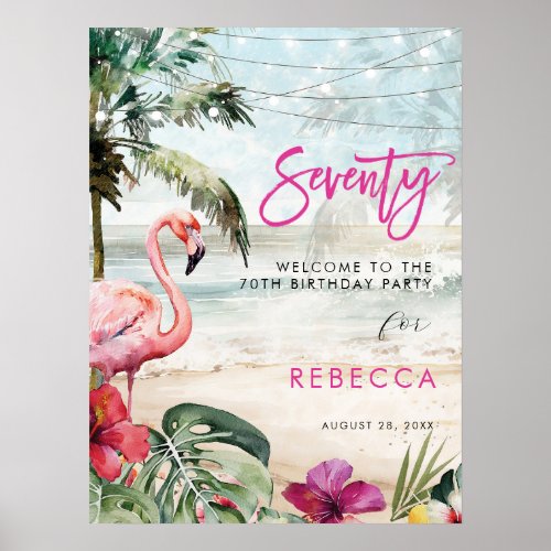 flamingo beach tropical 70th welcome sign poster