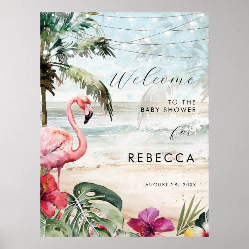 flamingo beach tropical baby shower sign poster