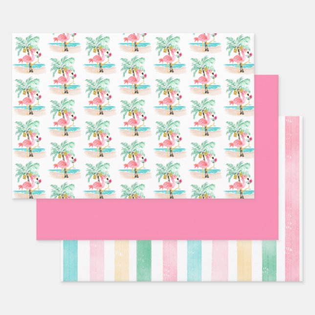 Flamingo Beach Tropical Birthday Wrapping Paper Sheets (Set)