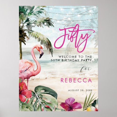 flamingo beach tropical  fifty welcome sign poster