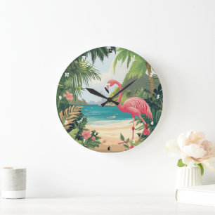 Flamingo Beach Tropical Large Clock