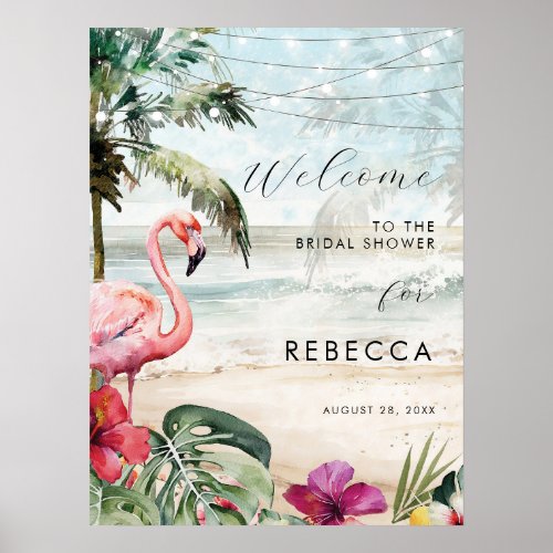 flamingo beach tropical palms welcome sign poster