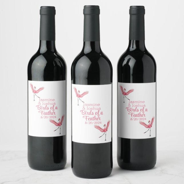 Flamingo Beach Wedding Birds of a Feather Wine Label (Bottles)