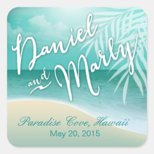 Flamingo Beach Wedding Favor aqua Square Sticker