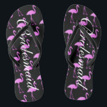 Flamingo beach wedding flip flops for bridesmaids<br><div class="desc">Elegant pink flamingo wedding flip flops for bridesmaids. Custom background and strap color and personalized with name or monogram initials. Modern black and pink his and hers sandals with stylish script calligraphy typography. Cute party favor for beach theme wedding, marriage, bridal shower, engagement, anniversary, bbq, bachelorette, bachelor, girls weekend trip...</div>