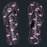 Flamingo beach wedding flip flops for bridesmaids<br><div class="desc">Elegant pink flamingo wedding flip flops for bridesmaids. Custom background and strap color and personalized with name or monogram initials. Modern black and pink his and hers sandals with stylish script calligraphy typography. Cute party favor for beach theme wedding, marriage, bridal shower, engagement, anniversary, bbq, bachelorette, bachelor, girls weekend trip...</div>