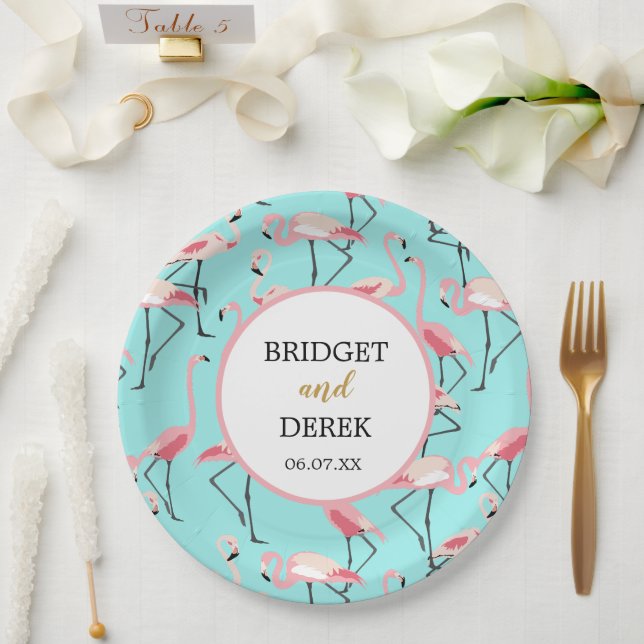 Flamingo Beach Wedding Paper Plates (Wedding)