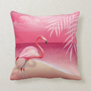 Flamingo Beach Wedding   pink Throw Pillow