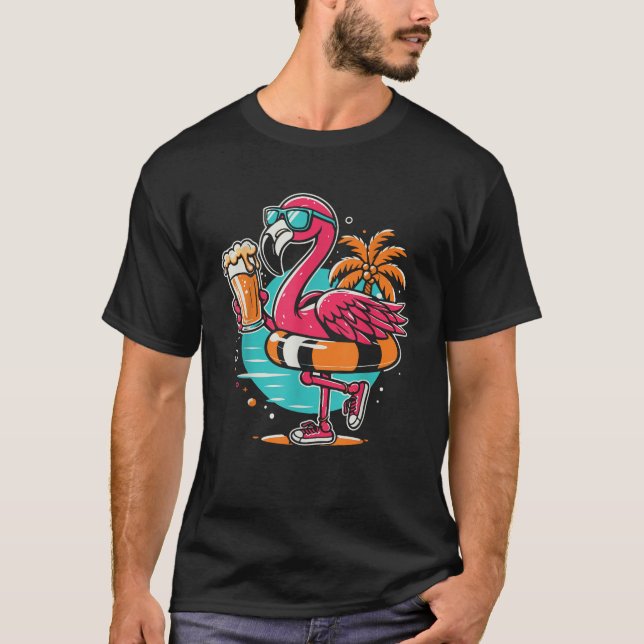 Flamingo Beer Drinking Beach Summer Swimming T-Shirt (Front)