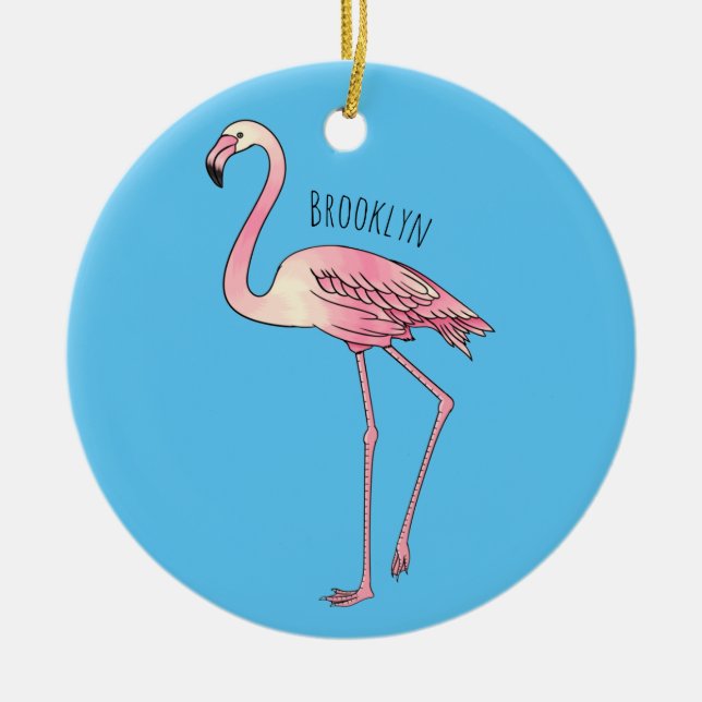 Flamingo bird cartoon illustration  ceramic ornament (Front)
