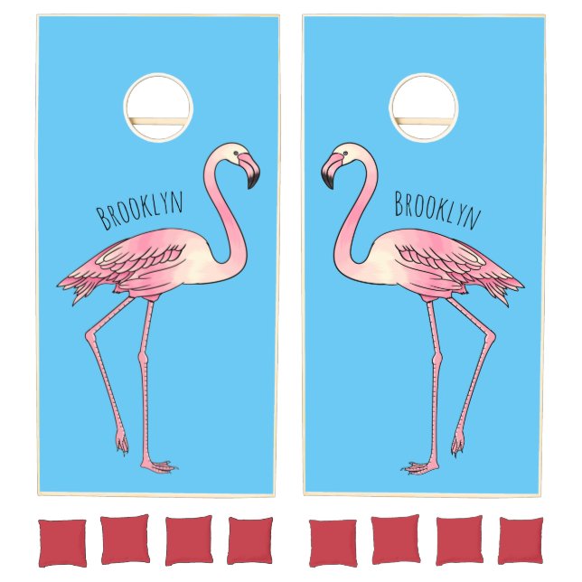 Flamingo bird cartoon illustration cornhole set (Set)