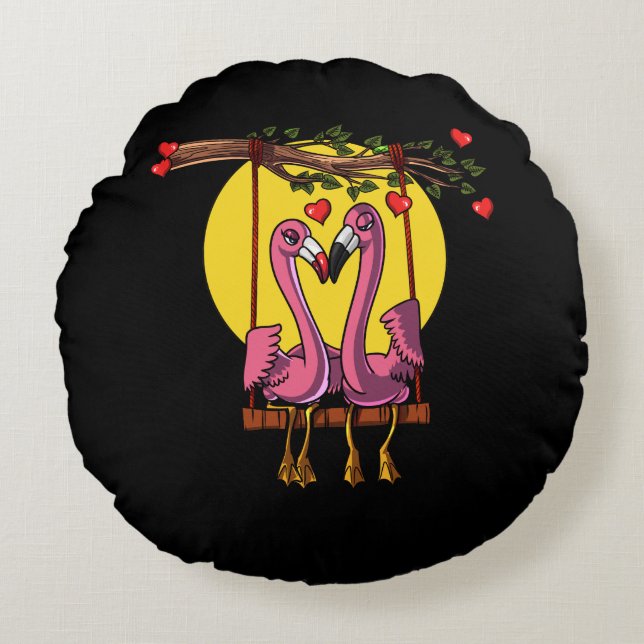 Flamingo Bird Cute Couple Valentines Day Round Pillow (Front)