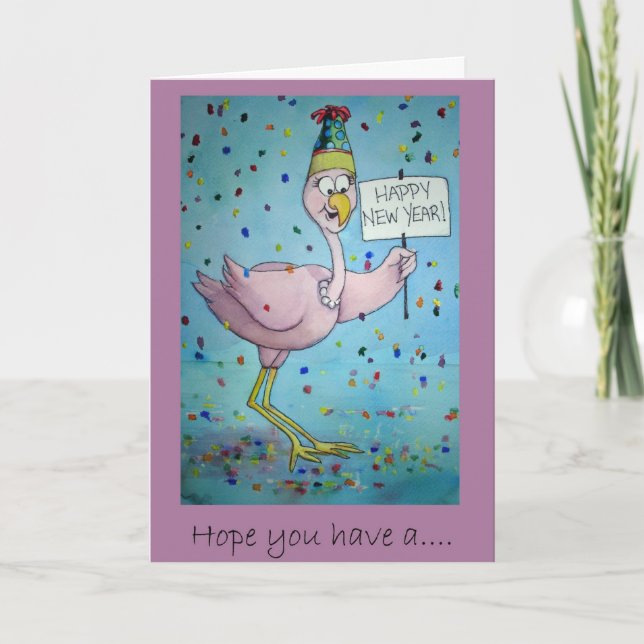 Flamingo Bird Happy New Year card (Front)