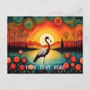 Flamingo Bird Lake Sunset Colorful Floral Postcard