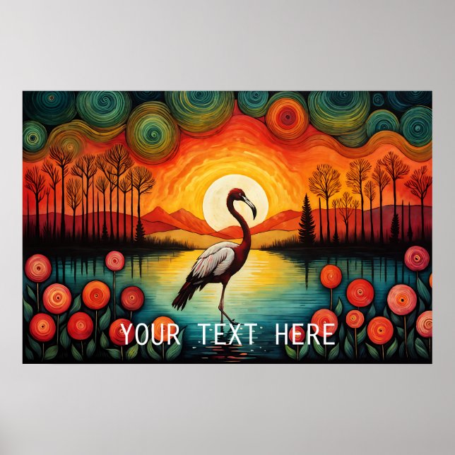Flamingo Bird Lake Sunset Colorful Floral Poster (Front)