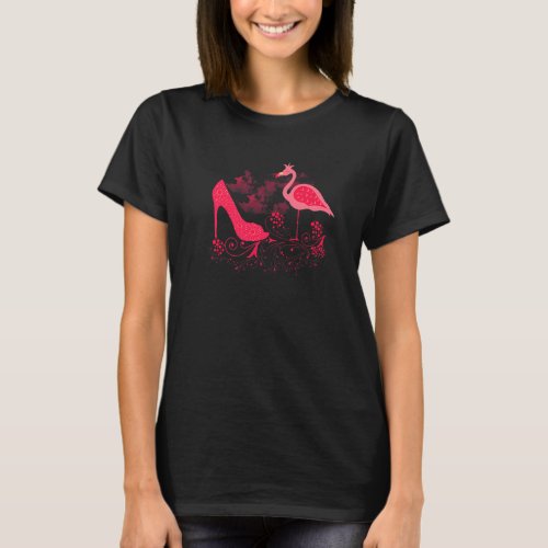 Flamingo Bird Queen Party Stiletto Pink High Heel  T_Shirt