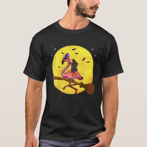 Flamingo Bird Riding Broom With Black Cat Hallowee T_Shirt