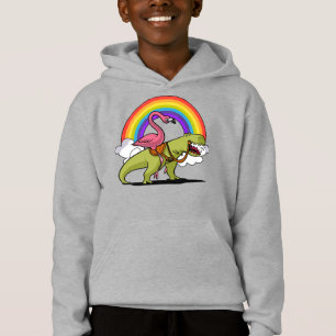 Flamingo Bird Riding T-Rex Dinosaur Rainbow Hoodie