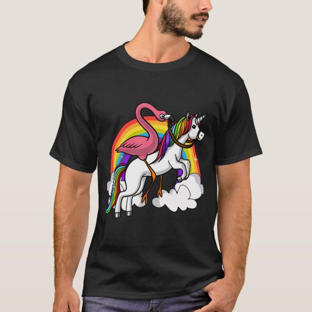 Flamingo Bird Riding Unicorn T-Shirt (Front)