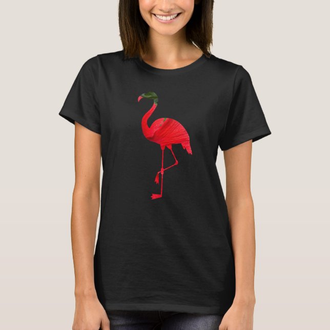 Flamingo Bird Silhouette with Red Hibiscus Flower  T-Shirt (Front)