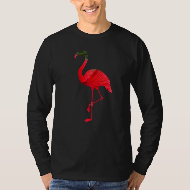 Flamingo Bird Silhouette with Red Hibiscus Flower  T-Shirt (Front)