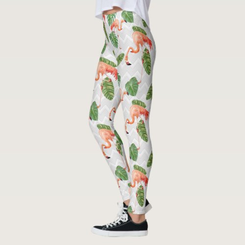 Flamingo Bird Tropical Banana Leaf Chevron Pattern Leggings