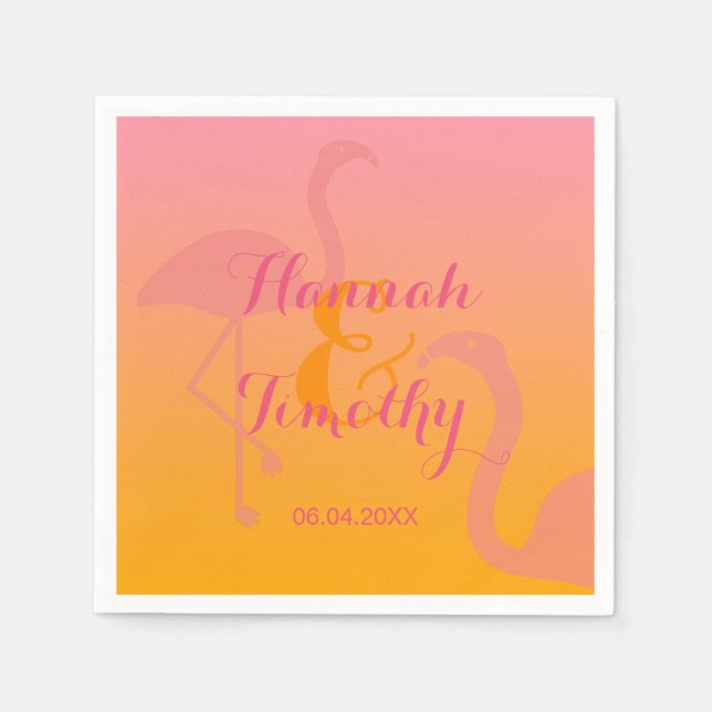 Flamingo Bird Tropical With Names And Date Wedding Paper Napkins (Front)