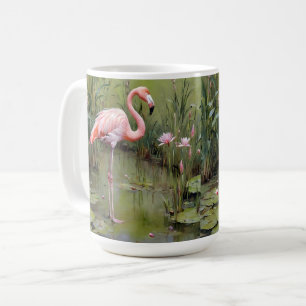 Flamingo Bird Water Lilies And Reeds Oil Painting, Coffee Mug