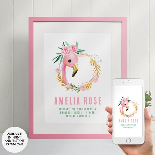 Flamingo Bird Wildlife Birth Stats Nursery Art Poster