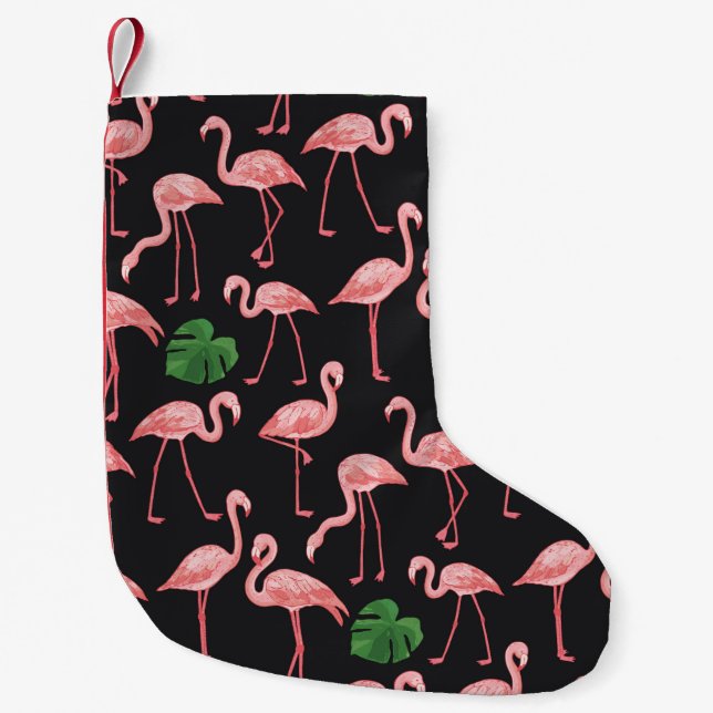 flamingo bird with monstera palm leaves pattern.  small christmas stocking (Front)