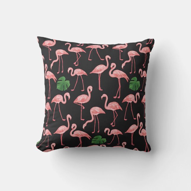 flamingo bird with monstera palm leaves pattern.  throw pillow (Front)